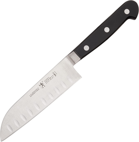 Image of HENCKELS Classic Hollow Edge Santoku Knife, 5-Inch, Black/Stainless Steel