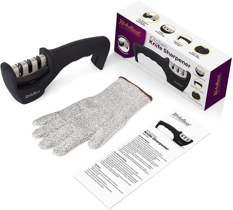 Image of 4-In-1 Kitchen Knife Accessories: 3-Stage Knife Sharpener Helps Repair, Restore, Polish Blades and Cut-Resistant Glove (Black)