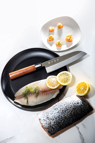 Image of Traditional Japanese Professional Kitchen Chef Knife Set - Premium Gyuto Santoku Nakiri Petty High Corrosion Resistance Full Tang Knife Set
