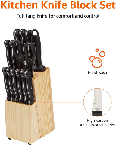 Image of Amazon Basics 14-Piece Kitchen Knife Block Set, High-Carbon Stainless Steel Blades with Pine Wood Knife Block