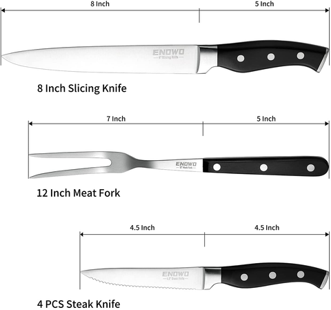 Image of Enowo Steak Knife Set,4 Serrated Steak Knives Carving Knife Meat Fork Made from German Stainless Steel,Ultra-Sharp Rust Proof Full-Tang with Gift Box for Family Dinner,Picnic,Party,Special Holidays