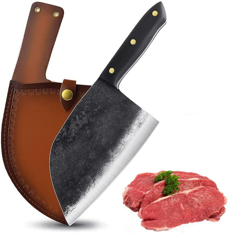 Image of Forging Serbian Chef Knife, Huusk Kitchen Butcher Knives with Sheath Japan Knives Meat Vegetable Fruit Cleaver with Full Tang Handle (Black)