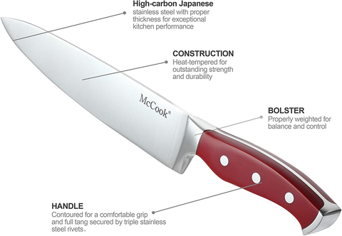 Image of Mccook MC24 15 Pieces Stainless Steel Kitchen Knife Sets with Wooden Block, Kitchen Scissors and Built-In Sharpener, Red