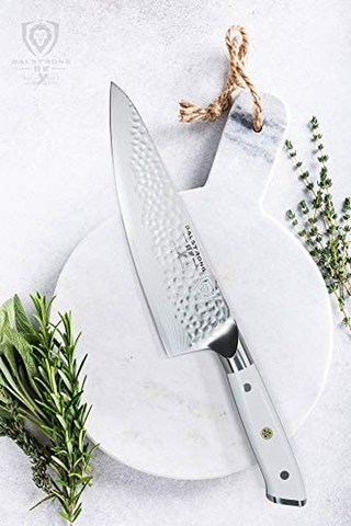 Image of DALSTRONG Chef Knife - 8 Inch - Shogun Series - Damascus - Japanese AUS-10V Super Steel Kitchen Knife - White Handle - Razor Sharp Knife - W/Sheath