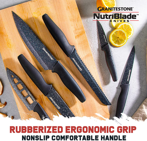 Image of Nutriblade 6 PC Knife Set by Granitestone, Professional Kitchen Chef’S Knives with Ultra Sharp Stainless Steel Blades and Nonstick Granite Coating, Easy-Grip Handle, Rust-Proof, Dishwasher-Safe, Black
