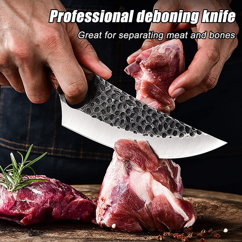 Image of ZENG Butcher Knife Hand Forged Boning Knife with Sheath, Viking Knife, Huusk Japanese Knife, High Carbon Steel Fillet Chef Knife Meat Cleaver Knife for Kitchen, Camping, BBQ