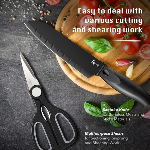 Image of Randalfy Kitchen Knife Set with Block, 7 Pieces Chef Knife Set with Knives, Scissor, Block for Meat/Vegetables/Fruits Chopping, Slicing, Dicing&Cutting