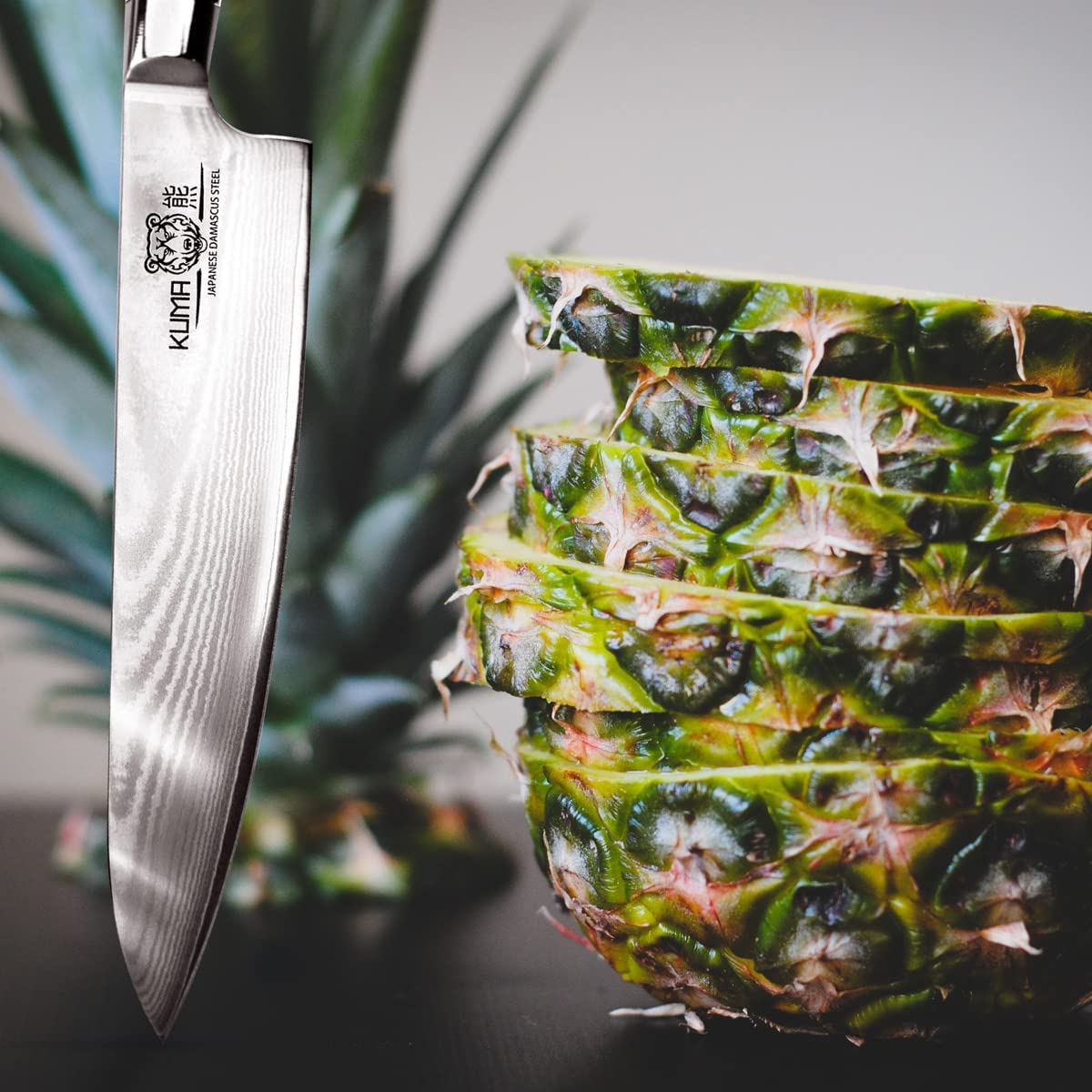 KUMA Professional Damascus Knife - 8 Inch Japanese Chef Knife, AUS10 Core - Corrosion and Stain Resistant - G10 Handle & Sheath Made of Hardened Carbon Steel