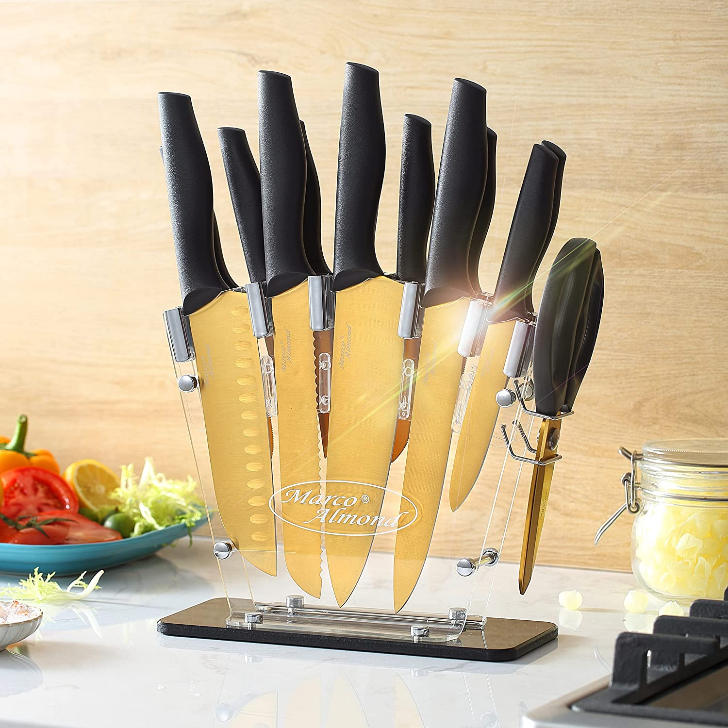 Marco Almond Golden Titanium Knife Set with Acrylic Stand, Kitchen Knives Set with Block, Scissor,Santoku Knife,6 Golden Steak Knives Cutlery Gold Knife Set,14Piece Set,Black Handle