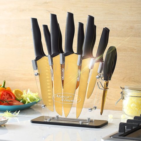 Image of Marco Almond Golden Titanium Knife Set with Acrylic Stand, Kitchen Knives Set with Block, Scissor,Santoku Knife,6 Golden Steak Knives Cutlery Gold Knife Set,14Piece Set,Black Handle