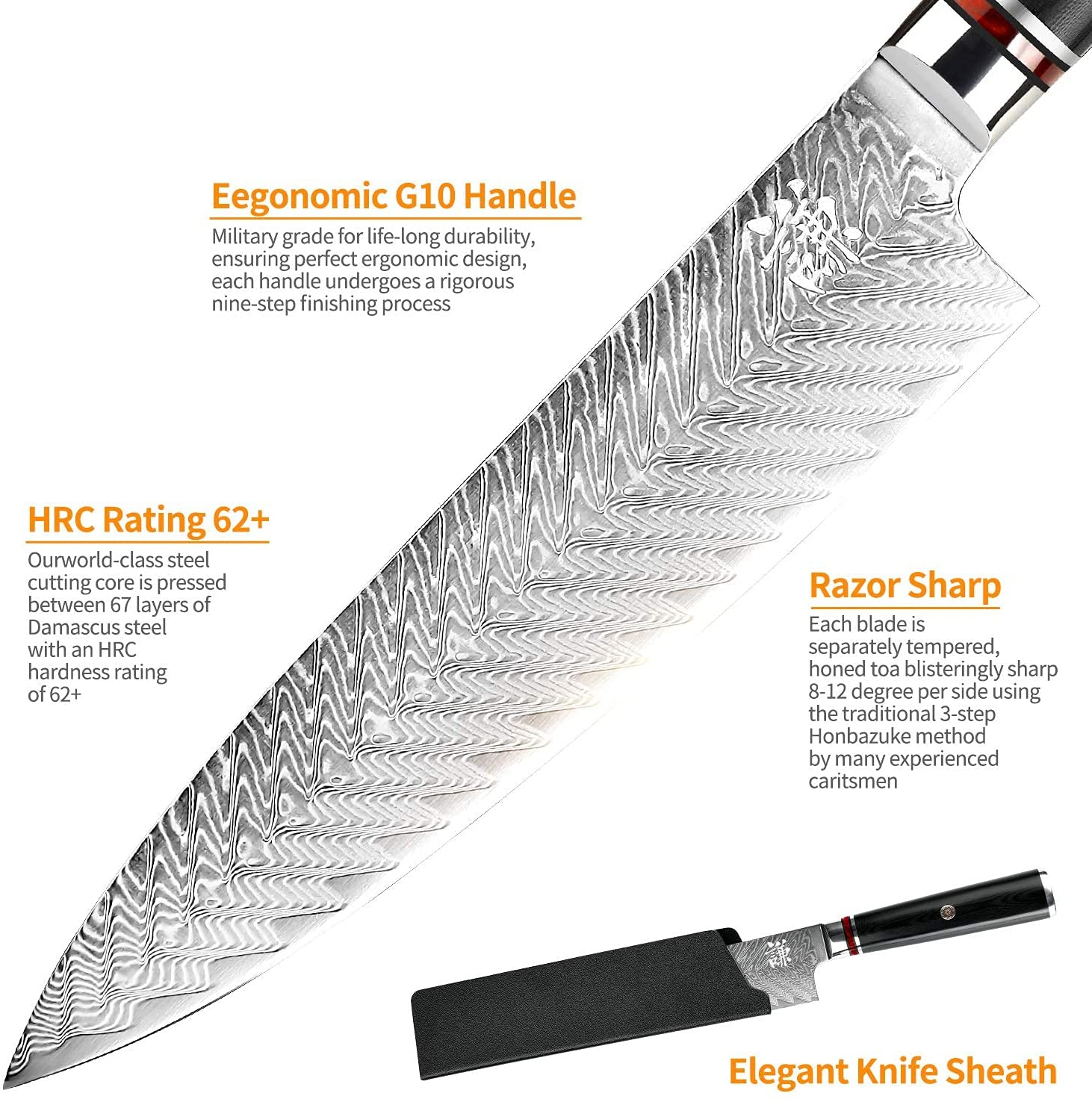 Chef Knife Damascus Japanese Chefs Knife 8 Inch VG10 Kitchen Knife Sharpest 67-Layer Damascus Steel Knife, Ergonomic,Superb Edge Retention, Gyuto Chef Knife with Gift Box