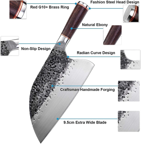 Image of Handmade Forged Serbian Meat Cleaver Knife with Sheath Chef'S Knvies Full Tang Butcher Knife Outdoor Meat Vegetable Cleaver for Family, BBQ or Camping (Silver)