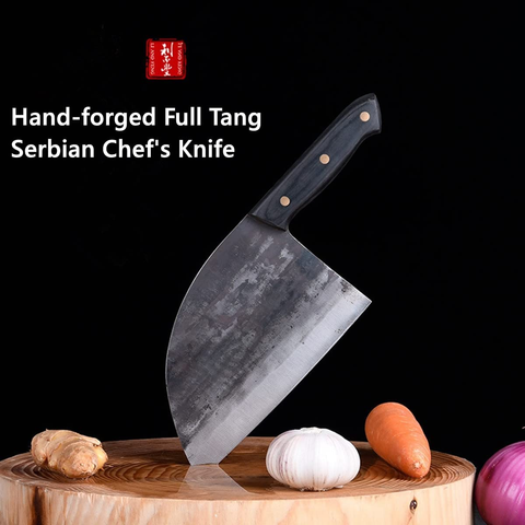 Image of Forging Serbian Chef Knife, Huusk Kitchen Butcher Knives with Sheath Japan Knives Meat Vegetable Fruit Cleaver with Full Tang Handle (Black)