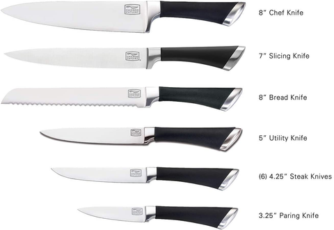 Image of Chicago Cutlery Fusion 12 Piece Forged Premium Knife Block Set with Wooden Storage Block | Cushion-Grip Handles with Stainless Steel Blades | Kitchen Knife Set
