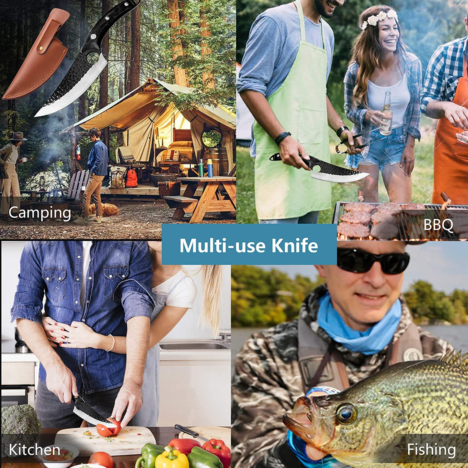 Viking Knives, Butcher Knife Black Forged Boning Knives with Sheath Japanese Fillet Meat Cleaver Knives Full Tang Japan Knives Chef Knife for Kitchen, Camping, BBQ (Black)