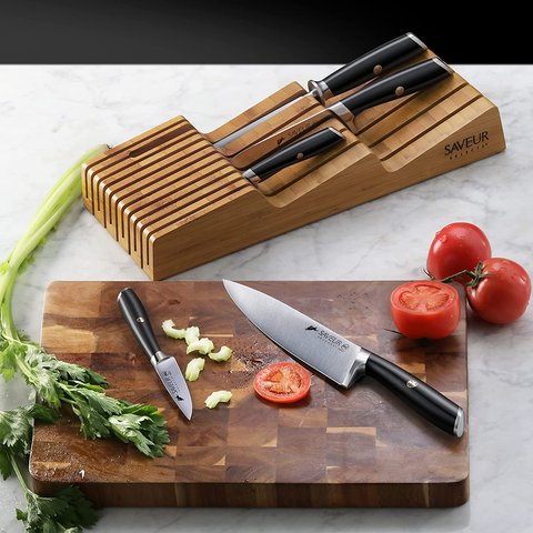 Image of Saveur Selects 1026306 German Steel Forged 6-Piece Knife Set with Bamboo in Drawer Storage Knife Block