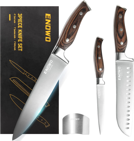 Image of Enowo Chef Knife Ultra Sharp Kitchen Knife Set 3Pcs ,Premium German Stainless Steel Knife Cutlery Set with Finger Guard Clad Dimple,Ergonomic Color Wood Handle and Christmas Gifts Box