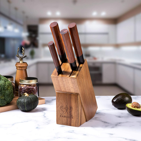 Image of FAMCÜTE Japanese Chef Knife Set, 3 Layer 9CR18MOV Clad Steel W/Octagon Handle and Block Wooden Holder for 4Piece Kitchen Knife Set (8” Gyuto Knife, 7” Nakiri Knife, 7” Santoku Knife, 5” Utility Knife)