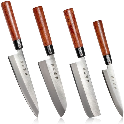 Image of Traditional Japanese Professional Kitchen Chef Knife Set - Premium Gyuto Santoku Nakiri Petty High Corrosion Resistance Full Tang Knife Set