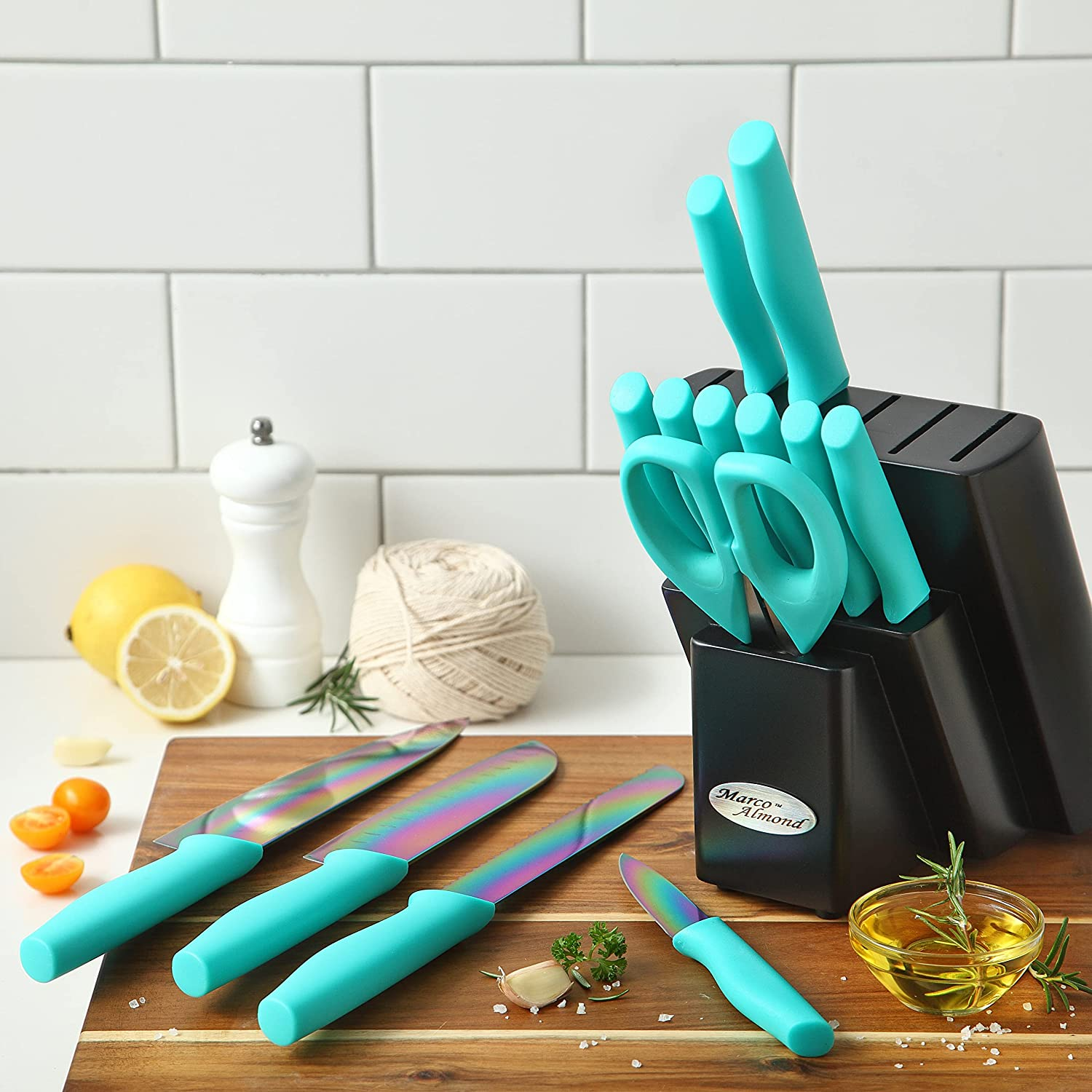 DISHWASHER SAFE KYA27 Rainbow Titanium Cutlery Knife Set, Marco Almond 14-Piece Kitchen Knives Block Sets, Teal