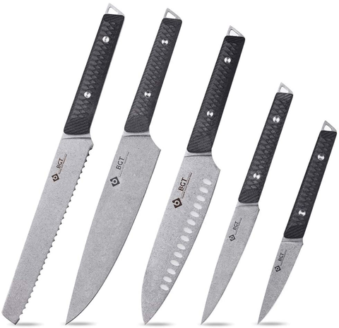 Image of BGT Kitchen Knife Set, 5Pcs Professional Chef Knife Set with Bag, Stonewashed Swedish Sandvik 12C27 Steel Kitchen Knife Set with G10 Handle