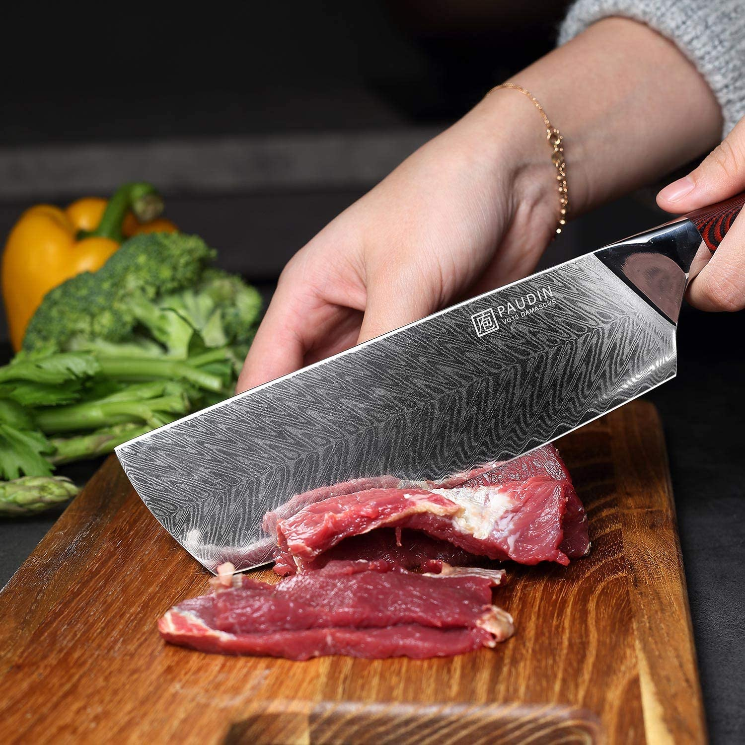 PAUDIN Damascus Nakiri Knife - 7 Inch Ultra Sharp VG10 Vegetable Knife, Beautiful Plume Pattern Kitchen Knife with Ergonomic G10 Handle, Superb Edge Retention