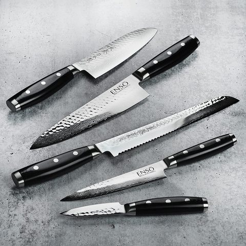 Image of Enso Knife Set - Made in Japan - HD Series - VG10 Hammered Damascus Japanese Stainless Steel with Slim Acacia Knife Block - 7 Piece