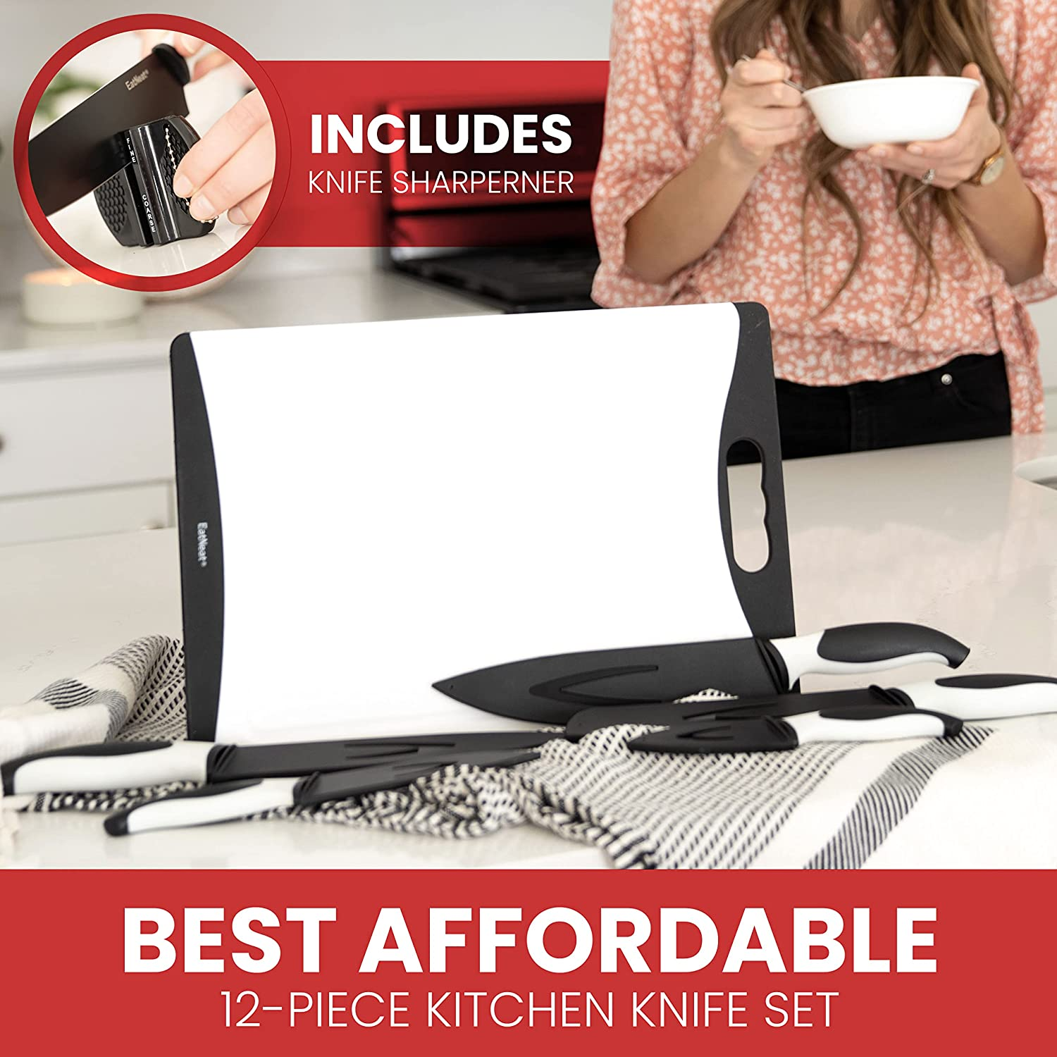 Eatneat 12-Piece Kitchen Knife Set - 5 Black Stainless Steel Knives with Sheaths, Cutting Board, and a Sharpener - Razor Sharp Cutting Tools That Are Kitchen Essentials for New Home