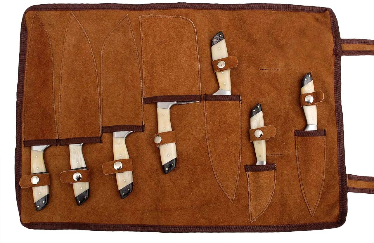 G26- Professional Kitchen Knives Custom Made Damascus Steel 7 Pcs of Professional Utility Chef Kitchen Knife Set with Chopper / Cleaver White & Black Gladiatorsguild