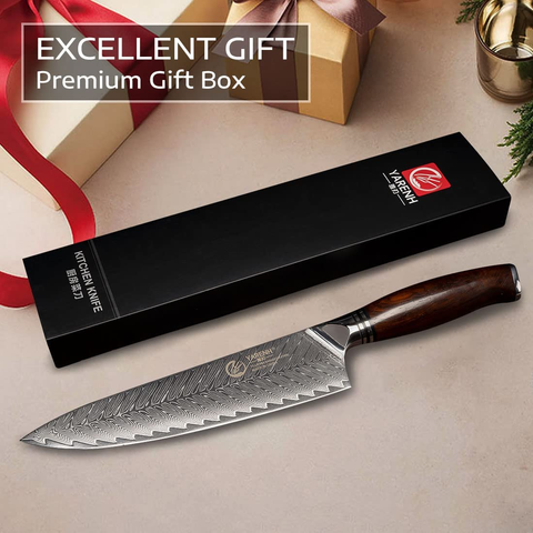 Image of YARENH Damascus Chef Knife 8 Inch with Sheath - Professional Kitchen Knife - 73 Layers Japanese Damascus High Carbon Steel - Full Tang Dalbergia Wood Handle - FYW Series