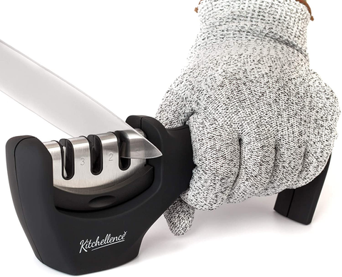 Image of 4-In-1 Kitchen Knife Accessories: 3-Stage Knife Sharpener Helps Repair, Restore, Polish Blades and Cut-Resistant Glove (Black)