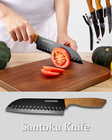Image of Dockorio Kitchen Knife Set with Block, 19 PCS High Carbon Stainless Steel Sharp Kitchen Knife Set Includes Serrated Steak Knives Set, Chef Knives, Bread Knife, Scissor, Sharpener, All in One Knife Set