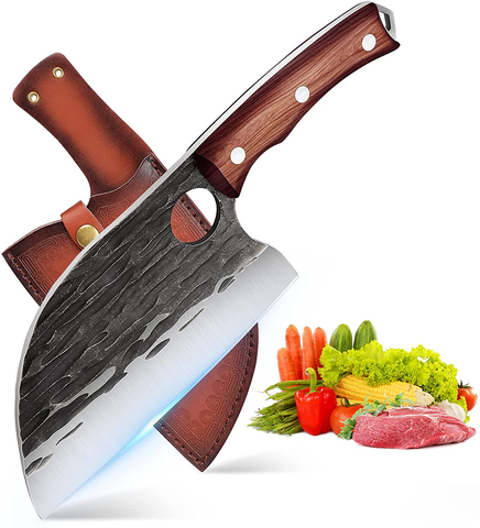 Image of Upgraded Serbian Chef Knife 11.4 Inch Viking Cleaver Knife Hand Forged Japanese Kitchen Knives Sharp Chopping Knife Full Tang Handle Butcher Knife with Sheath Outdoor Boning Knife BBQ Camping Gift