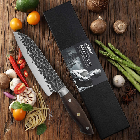 Image of KONOLL Santoku Knife Janpan Chefs Knife Cleaver 7-Inch Forged Handmade Professional Kitchen Knife, German High Carbon Steel with Wood Handle