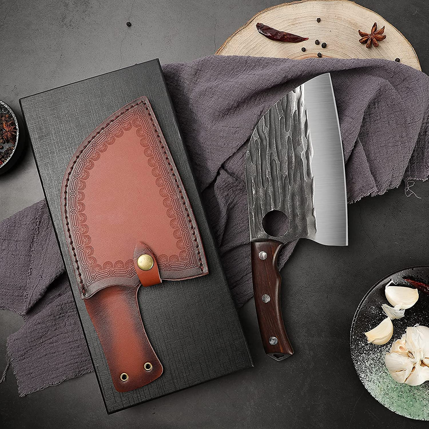 Upgraded Serbian Chef Knife 11.4 Inch Viking Cleaver Knife Hand Forged Japanese Kitchen Knives Sharp Chopping Knife Full Tang Handle Butcher Knife with Sheath Outdoor Boning Knife BBQ Camping Gift