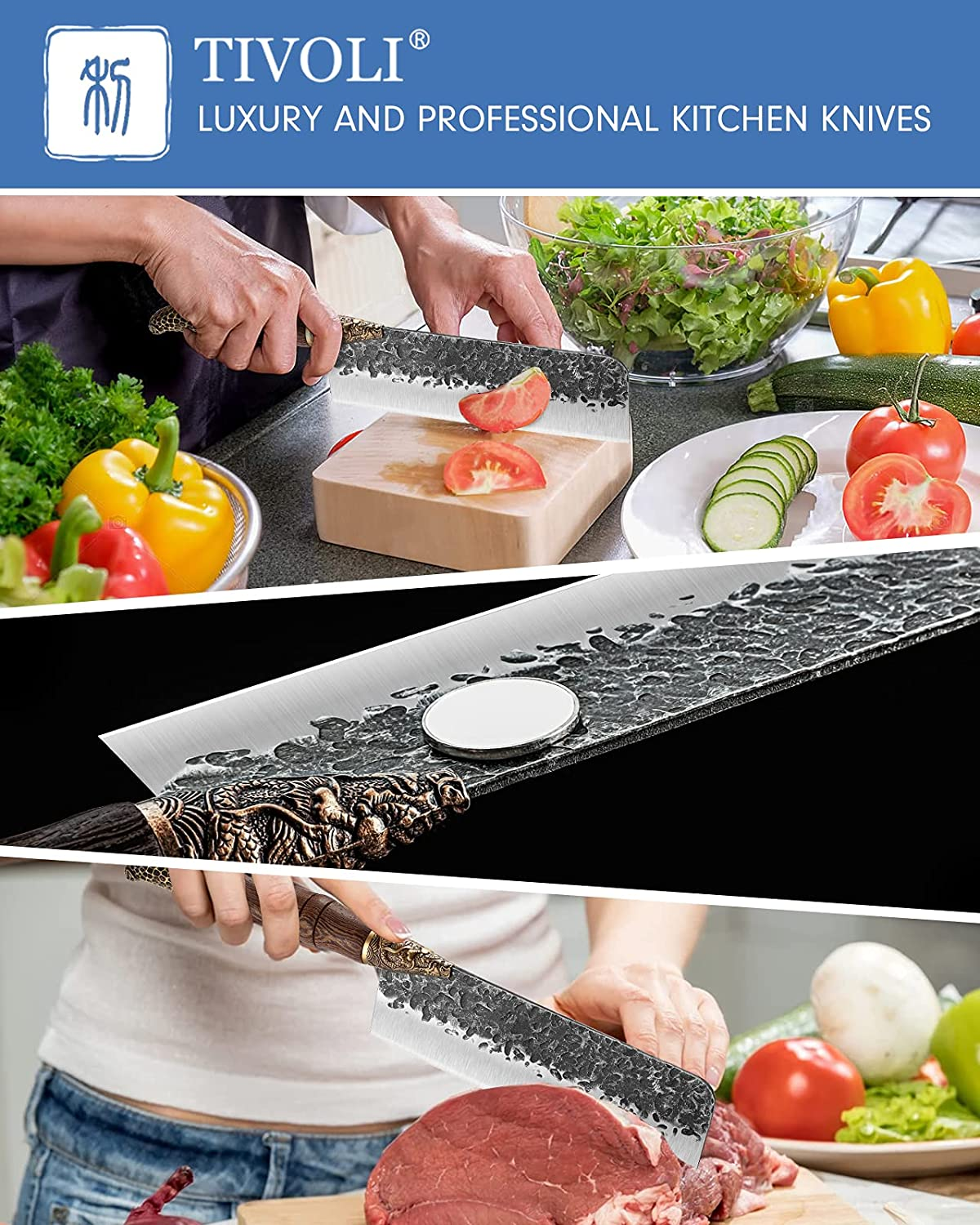 TIVOLI Japanese Chef Knife Set Hand Forged Kitchen Knife Meat Cleaver Knife Full Tang Butcher Knife for Meat Cutting (D- 7.5 Inch Nakiri Knife)