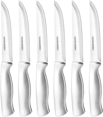 Image of Farberware Stamped 15-Piece High-Carbon Stainless Steel Knife Block Set, Steak Knives, Black