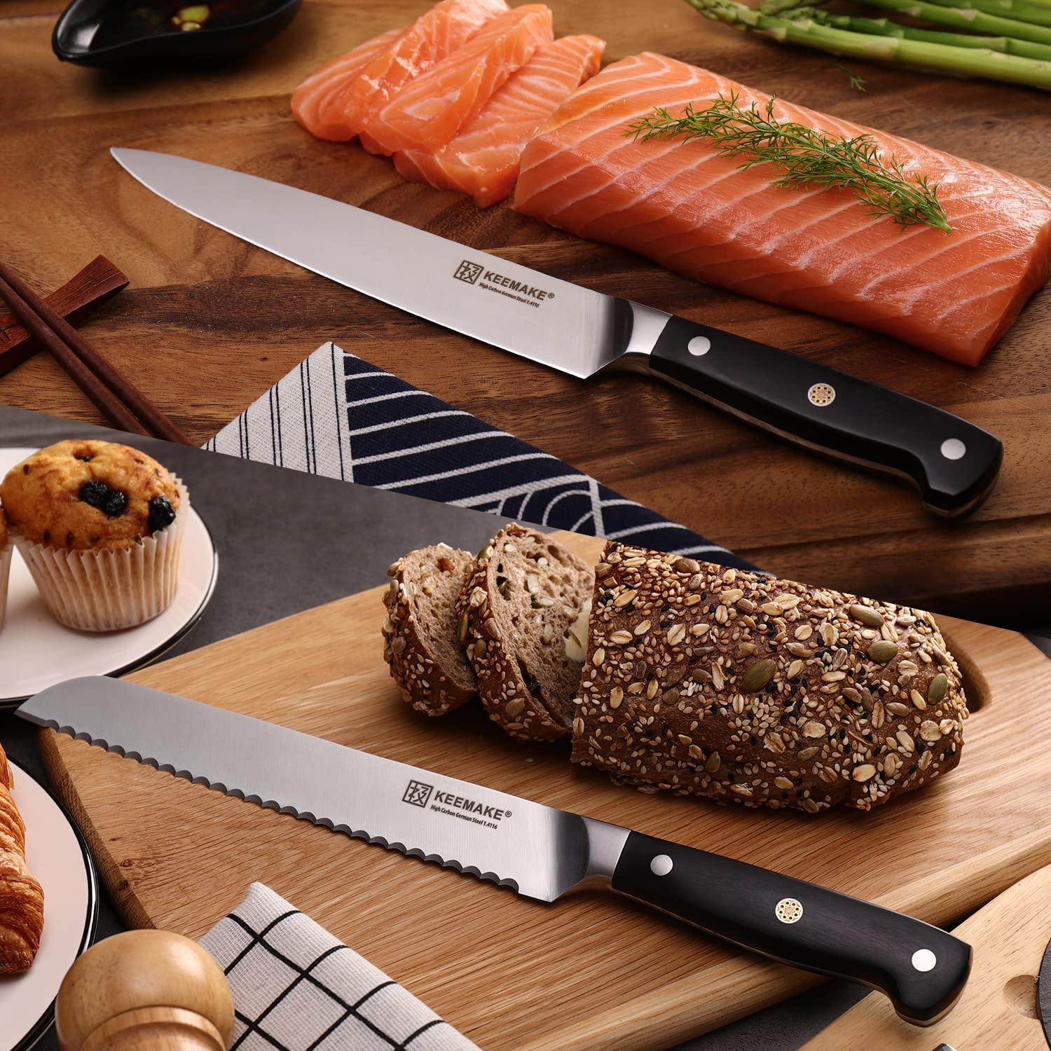 KEEMAKE Knives Set for Kitchen Chef Knife Set Sharp Cooking Knives without Block German High Carbon Stainless Steel Professional Wood Handle Cutting Knives 6 Piece