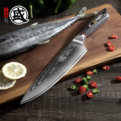 Image of MITSUMOTO SAKARI 8 Inch Japanese Gyuto Chef Knife, AUS-10 Premium Damascus Steel Kitchen Cooking Knife, Professional Hand Forged Meat Sushi Knife (Pakkawood Handle & Gift Box)