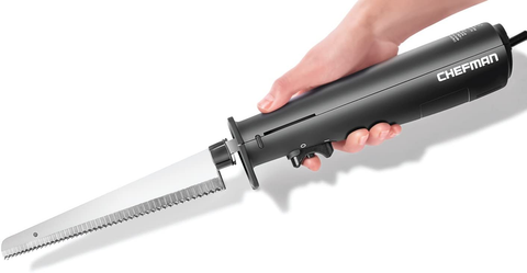 Image of Chefman Electric Knife with Bonus Carving Fork & Space Saving Storage Case Included One Touch, Durable 8 Inch Stainless Steel Blades, Rubberized Black Handle, BPA Free, 120 Volts and Watts