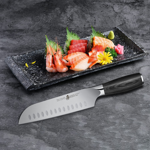 Image of TUO 7 Inch Santoku Knife, Japanese Chef Knife Vegetable Meat Kitchen Knife, German HC Stainless Steel, Premium Ergonomic Pakkawood Handle, Full Tang with Gift Box, Goshawk Series