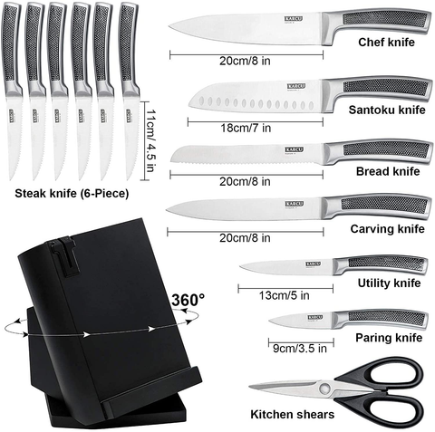 Image of Knife Set, 14-Piece German Steel Kitchen Knife Block Sets with Built-In Sharpener, Rotating Block