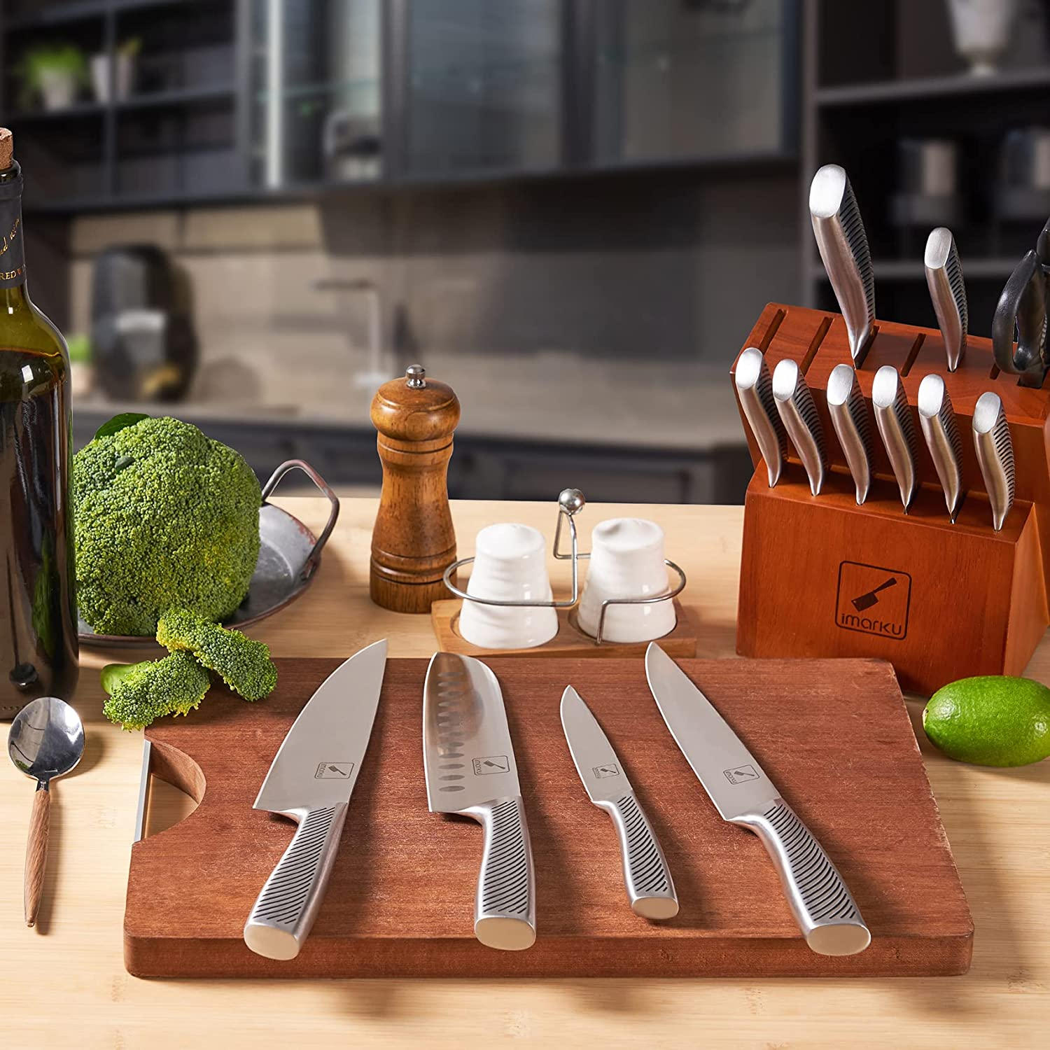 Kitchen Knife Set with Block, Imarku 14-Piece High Carbon Stainless Steel Knife Set, Dishwasher Safe Kitchen Knives, Chef Knife Set with Built-In Sharpener, Ergonomic Handle