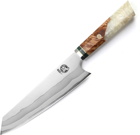 Image of MITSUMOTO SAKARI 8 Inch Japanese Kiritsuke Chef Knife, Hand Forged 67 Layers 440C Damascus Steel Kitchen Knives, Professional Meat Sushi Chef'S Knife (White Pomegranate Handle & Gift Box)