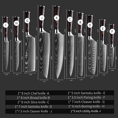 Image of KEPEAK Chef Knife Sets 10 Piece, Kitchen Knives High Carbon Stainless Steel, with Pakkawood Handle, Professional Knife Sets for Vegetable Fruit Meat Cutting