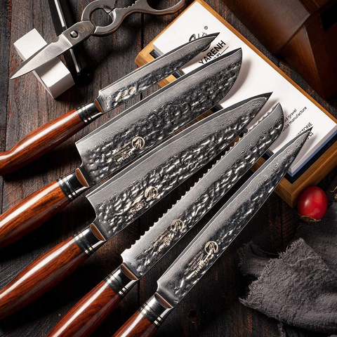 Image of Damascus Kitchen Knife Set with Block Wooden and Sharpener Stone- Yarenh Professional Chef Knife Set 8 Piece - Japanese High Carbon Stainless Steel - Galbergia Wood Handle - Gift Box Packaging