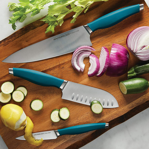 Image of Rachael Ray Cutlery Japanese Stainless Steel Knives Set with Sheaths, 8-Inch Chef Knife, 5-Inch Santoku Knife, and 3.5-Inch Paring Knife, Teal