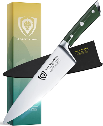 Image of DALSTRONG Chef Knife - 8 Inch - Gladiator Series - Forged High Carbon German Steel - Razor Sharp Kitchen Knife - Full Tang - Army Green ABS Handle - Sheath Included - NSF Certified