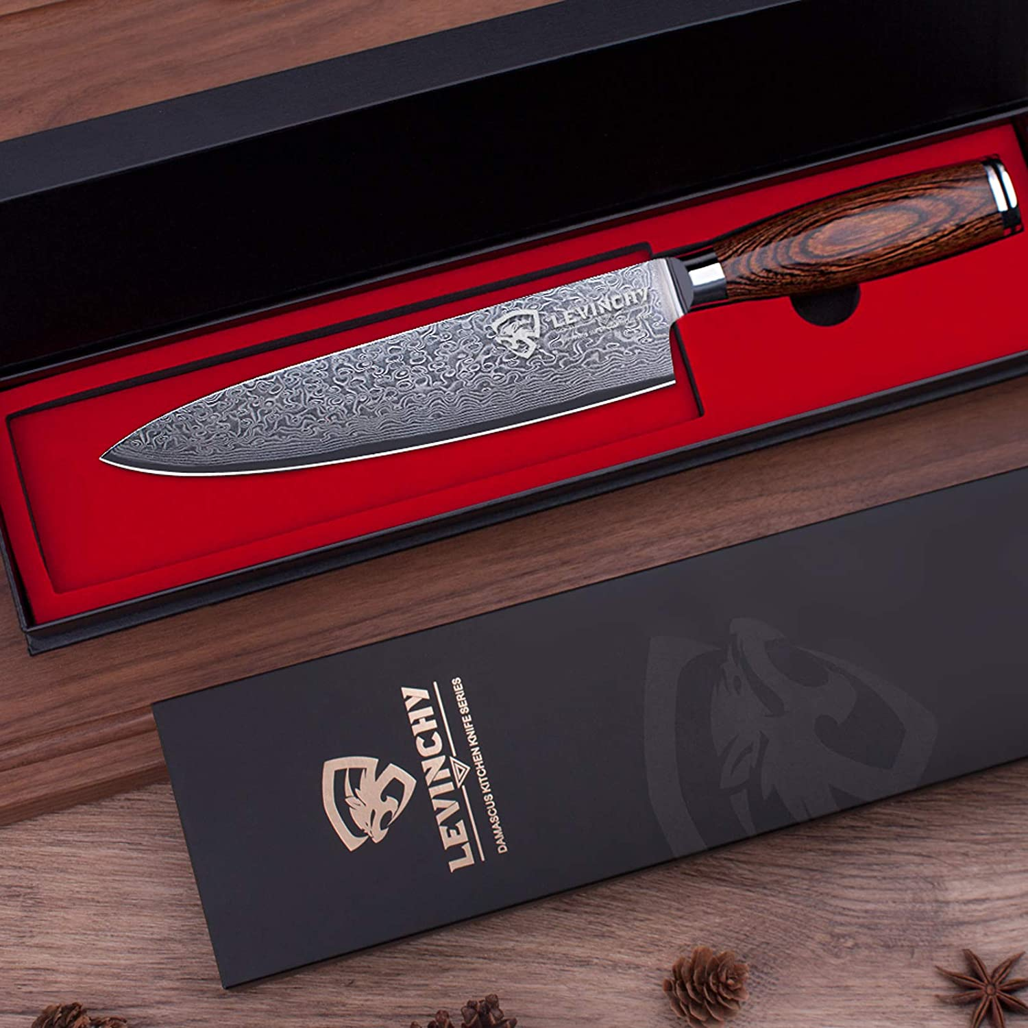 LEVINCHY Damascus Chef'S Knife 8 Inch Professional Handmade Damascus Stainless Steel Kitchen Knife, Superb Edge Retention, Stain & Corrosion Resistant, Ergonomic PAKKA Wood Handle