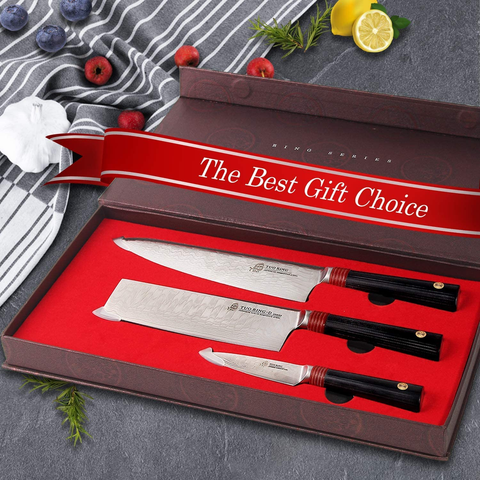 Image of TUO Damascus Kitchen Knife Set 3 Piece, 8" Chef Knife, 6.5" Nakiri Knife and 3.5" Paring Knife, Japanese AUS-10 High Carbon Stainless Steel, Full Tang G10 Handle - Gift Box - Ring-D Series